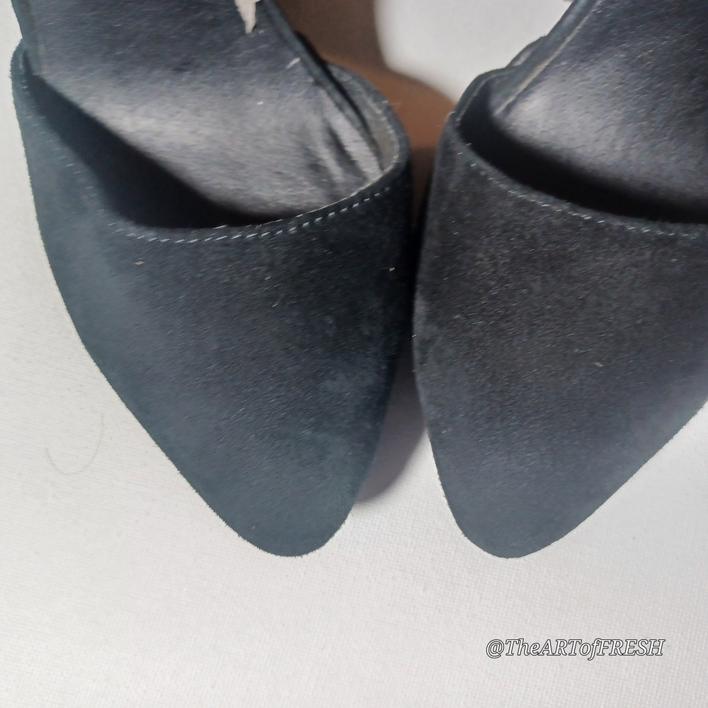 Black Suede Block Heels with Gold Accents - Picture 12 of 16